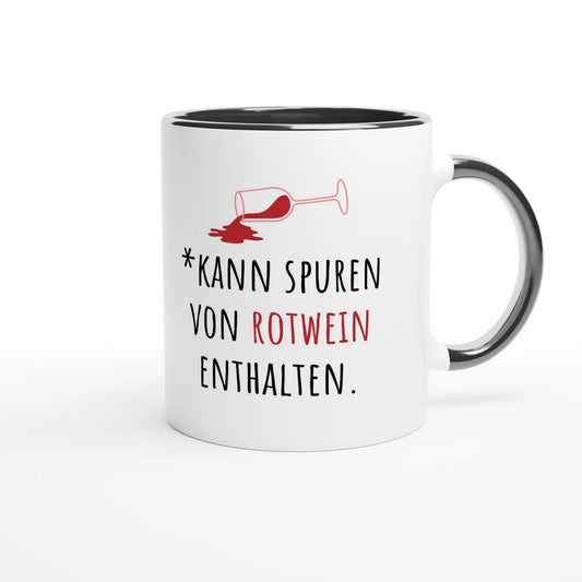 Zweifarbige Keramiktasse 325 ml mit Aufdruck "*Kann Spuren von Rotwein enthalten" in Schwarz – Schreibtischtasse von Vollzeitfrust