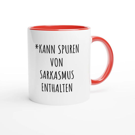 Zweifarbige Keramiktasse 325 ml mit Aufdruck "*Kann Spuren von Sarkasmus enthalten" in Rot – Schreibtischtasse von Vollzeitfrust