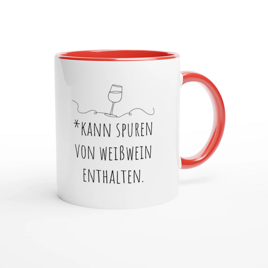 Zweifarbige Keramiktasse 325 ml mit Aufdruck "*Kann Spuren von Weißwein enthalten" in Rot – Schreibtischtasse von Vollzeitfrust