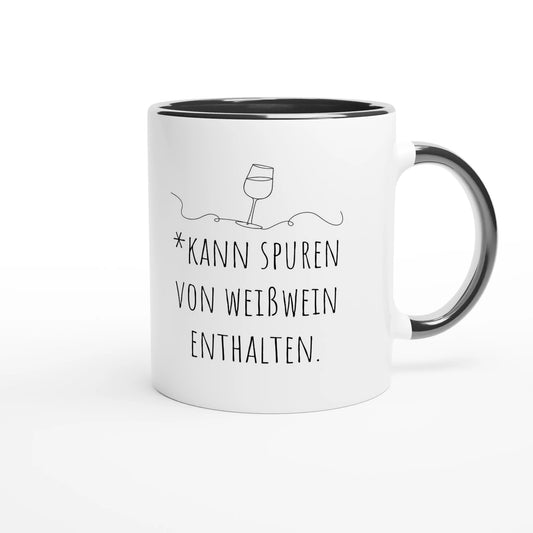 Zweifarbige Keramiktasse 325 ml mit Aufdruck "*Kann Spuren von Weißwein enthalten" in Schwarz – Schreibtischtasse von Vollzeitfrust