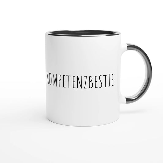 Zweifarbige Keramiktasse 325 ml mit Aufdruck "Kompetenzbestie" in Schwarz – Schreibtischtasse von Vollzeitfrust