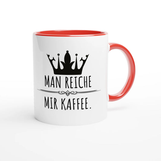 Zweifarbige Keramiktasse 325 ml mit Aufdruck "Man reiche mir Kaffee" in Rot – Schreibtischtasse von Vollzeitfrust