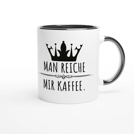Zweifarbige Keramiktasse 325 ml mit Aufdruck "Man reiche mir Kaffee" in Schwarz – Schreibtischtasse von Vollzeitfrust