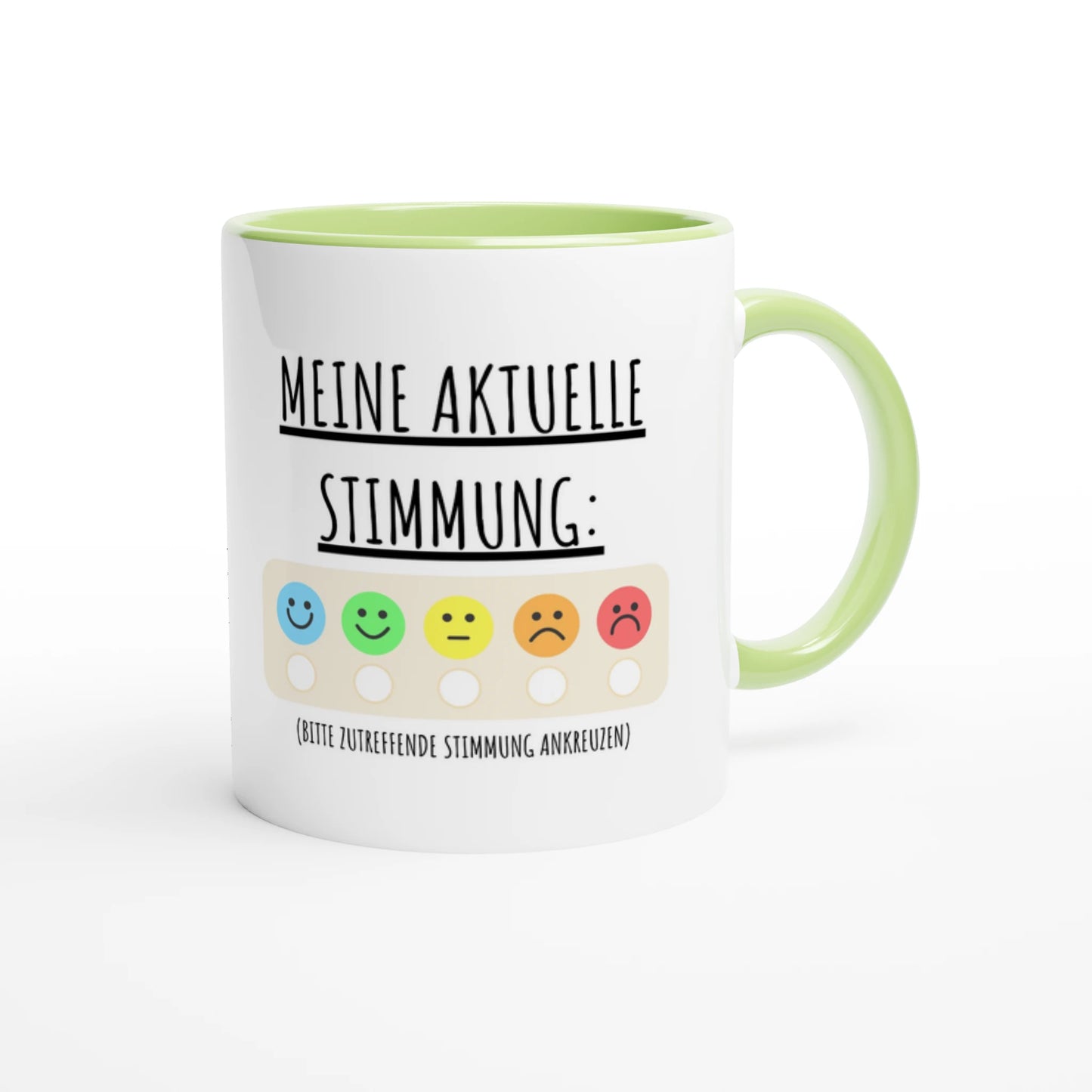 Zweifarbige Keramiktasse 325 ml mit Aufdruck "Meine aktuelle Stimmung" in Grün – Schreibtischtasse von Vollzeitfrust