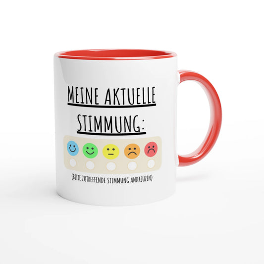 Zweifarbige Keramiktasse 325 ml mit Aufdruck "Meine aktuelle Stimmung" in Rot – Schreibtischtasse von Vollzeitfrust