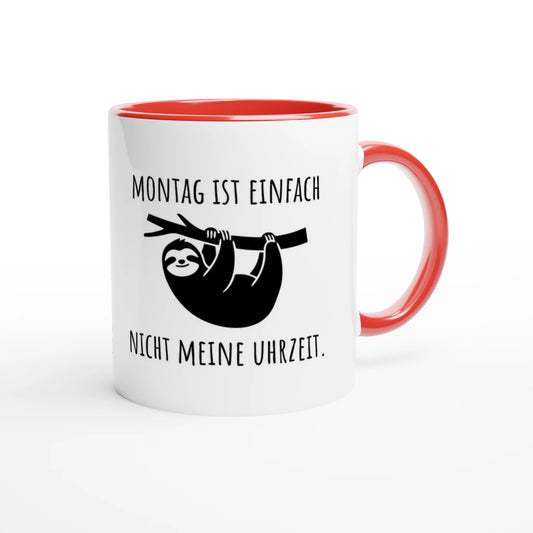 Zweifarbige Keramiktasse 325 ml mit Aufdruck "Montag ist einfach nicht meine Uhrzeit" in Rot – Schreibtischtasse von Vollzeitfrust