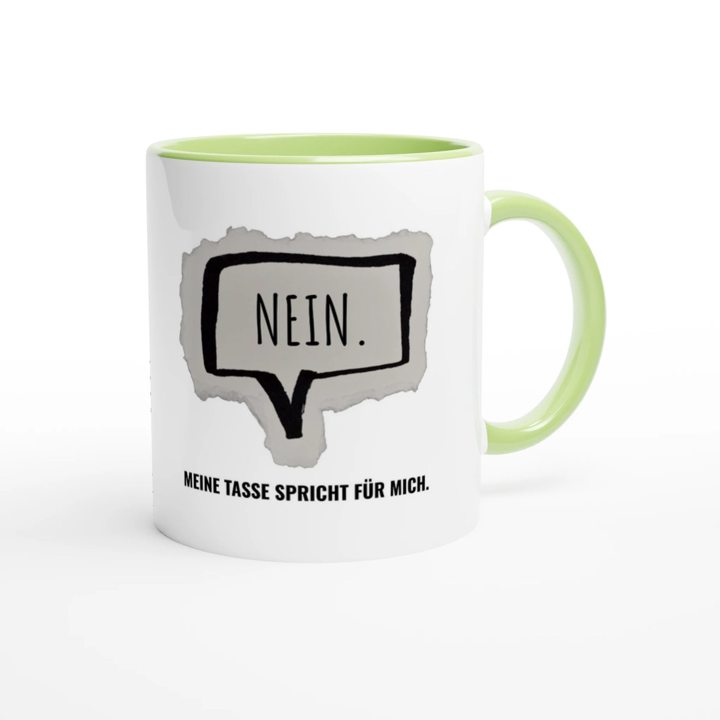 Zweifarbige Keramiktasse 325 ml mit Aufdruck "Nein. Meine Tasse spricht für mich" in Grün – Schreibtischtasse von Vollzeitfrust