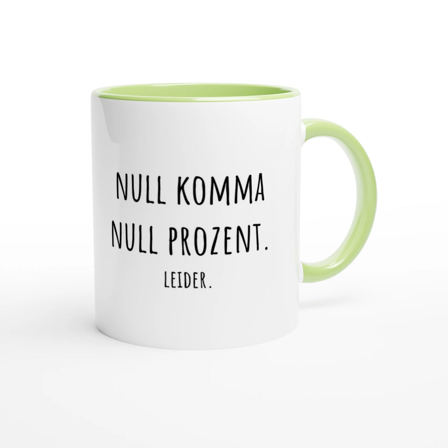 Zweifarbige Keramiktasse 325 ml mit Aufdruck "Null Komma Null Prozent. Leider" in Grün – Schreibtischtasse von Vollzeitfrust