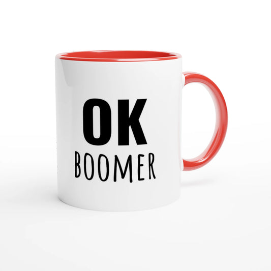 Zweifarbige Keramiktasse 325 ml mit Aufdruck "Ok Boomer" in Rot – Schreibtischtasse von Vollzeitfrust