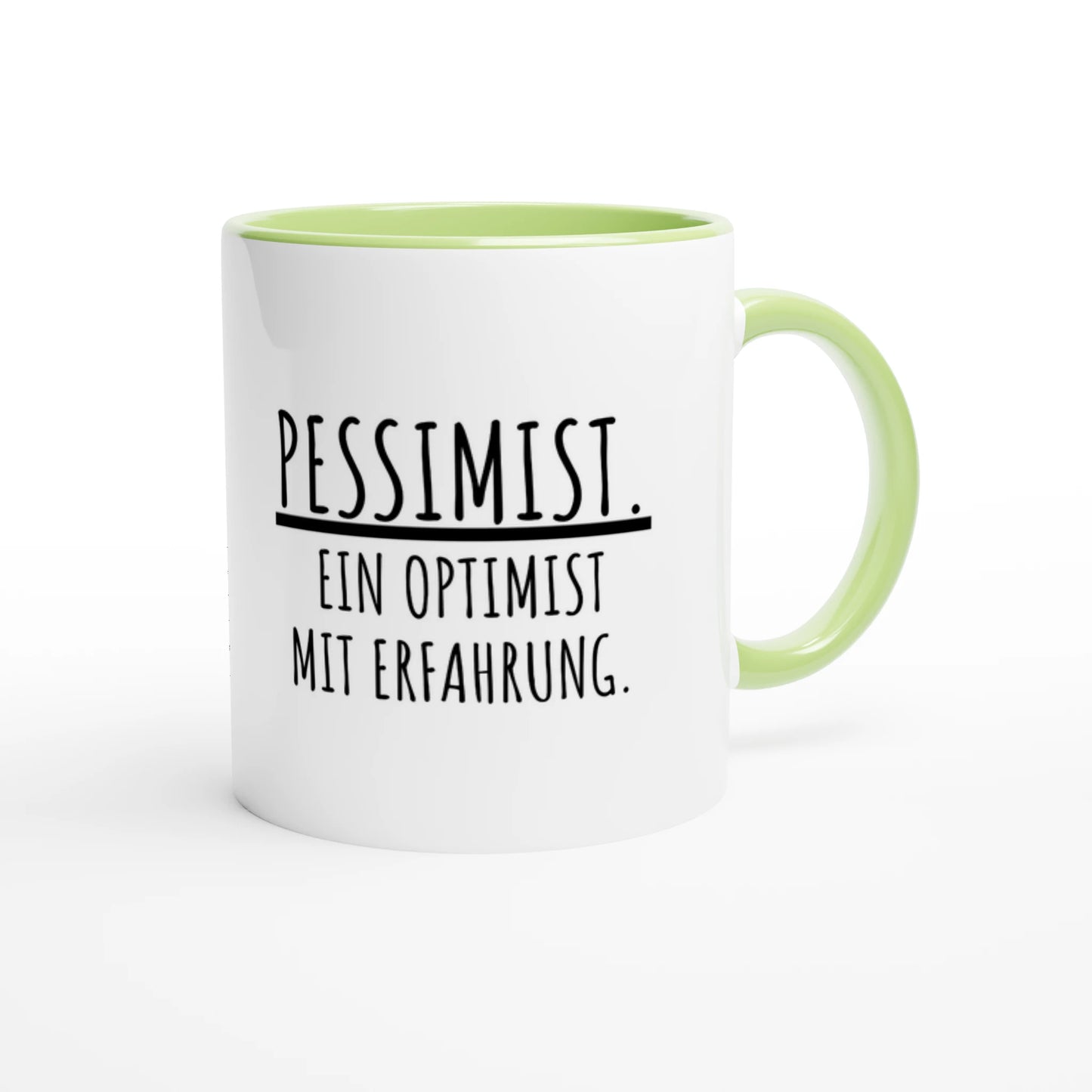 Zweifarbige Keramiktasse 325 ml mit Aufdruck "Pessimist. Ein Optimist mit Erfahrung" in Grün – Schreibtischtasse von Vollzeitfrust