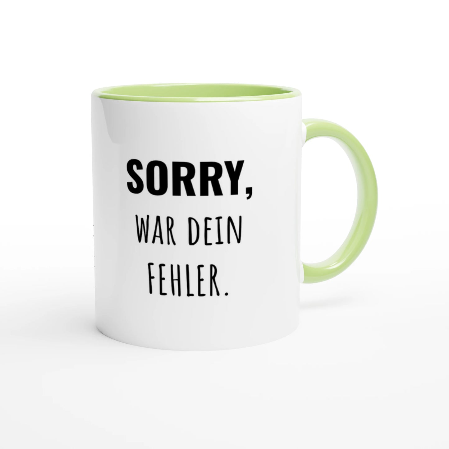 Zweifarbige Keramiktasse 325 ml mit Aufdruck "Sorry, war dein Fehler" in Grün – Schreibtischtasse von Vollzeitfrust
