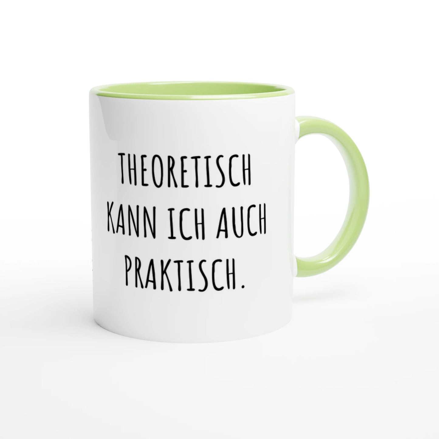 Zweifarbige Keramiktasse 325 ml mit Aufdruck "Theoretisch kann ich auch praktisch" in Grün – Schreibtischtasse von Vollzeitfrust