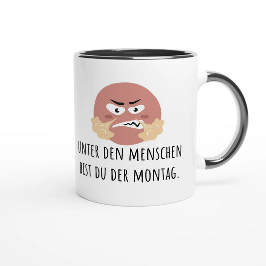 Zweifarbige Keramiktasse 325 ml mit Aufdruck "Unter den Menschen bist du der Montag" in Schwarz – Schreibtischtasse von Vollzeitfrust