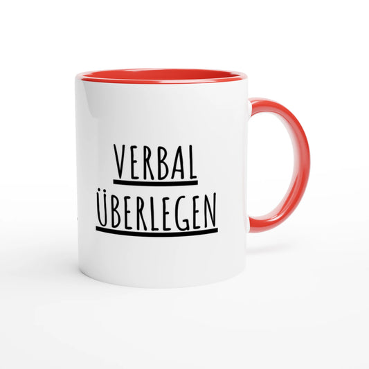 Zweifarbige Keramiktasse 325 ml mit Aufdruck "Verbal überlegen" in Rot – Schreibtischtasse von Vollzeitfrust