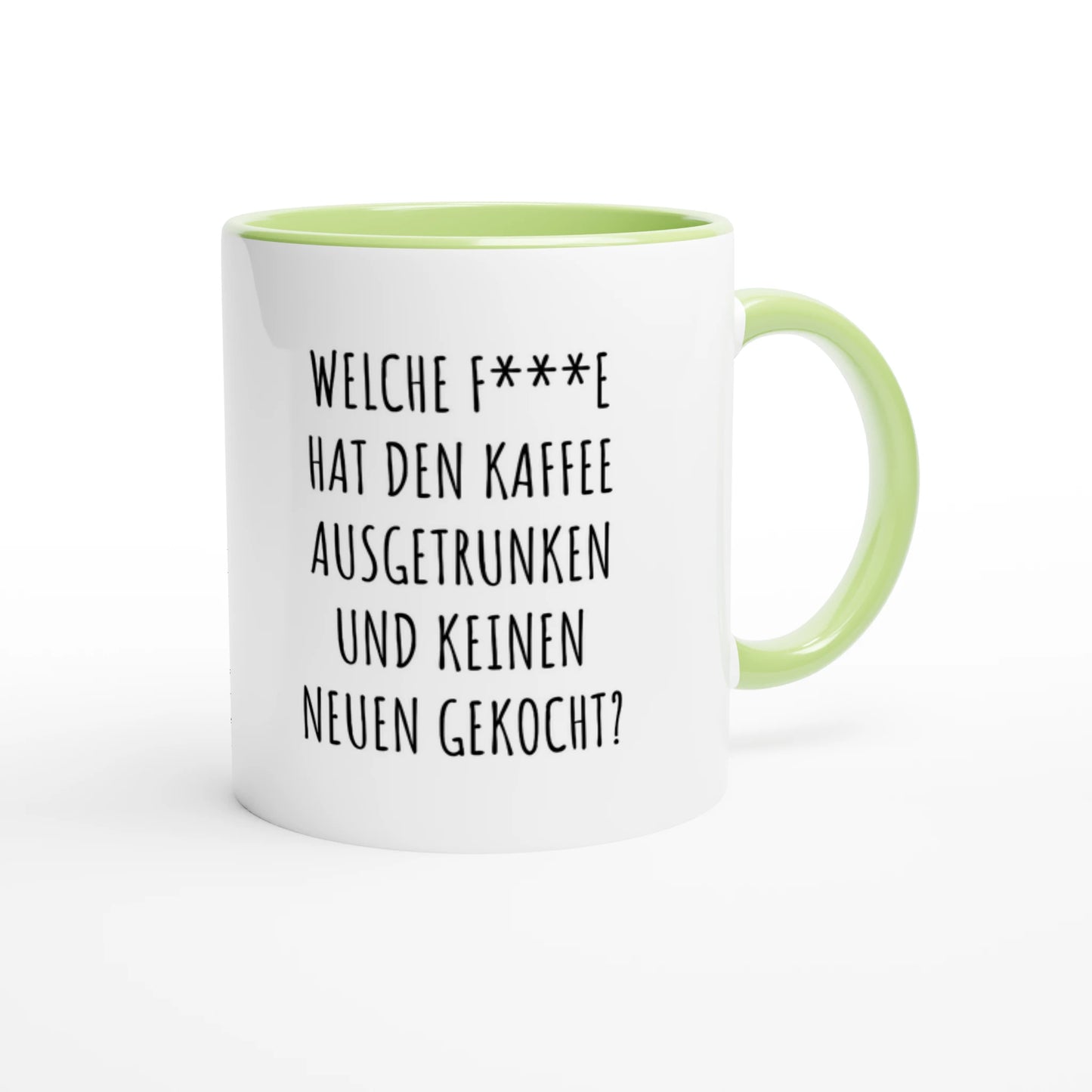 Zweifarbige Keramiktasse 325 ml mit Aufdruck "Welche F***e hat den Kaffee ausgetrunken?" in Grün – Schreibtischtasse von Vollzeitfrust