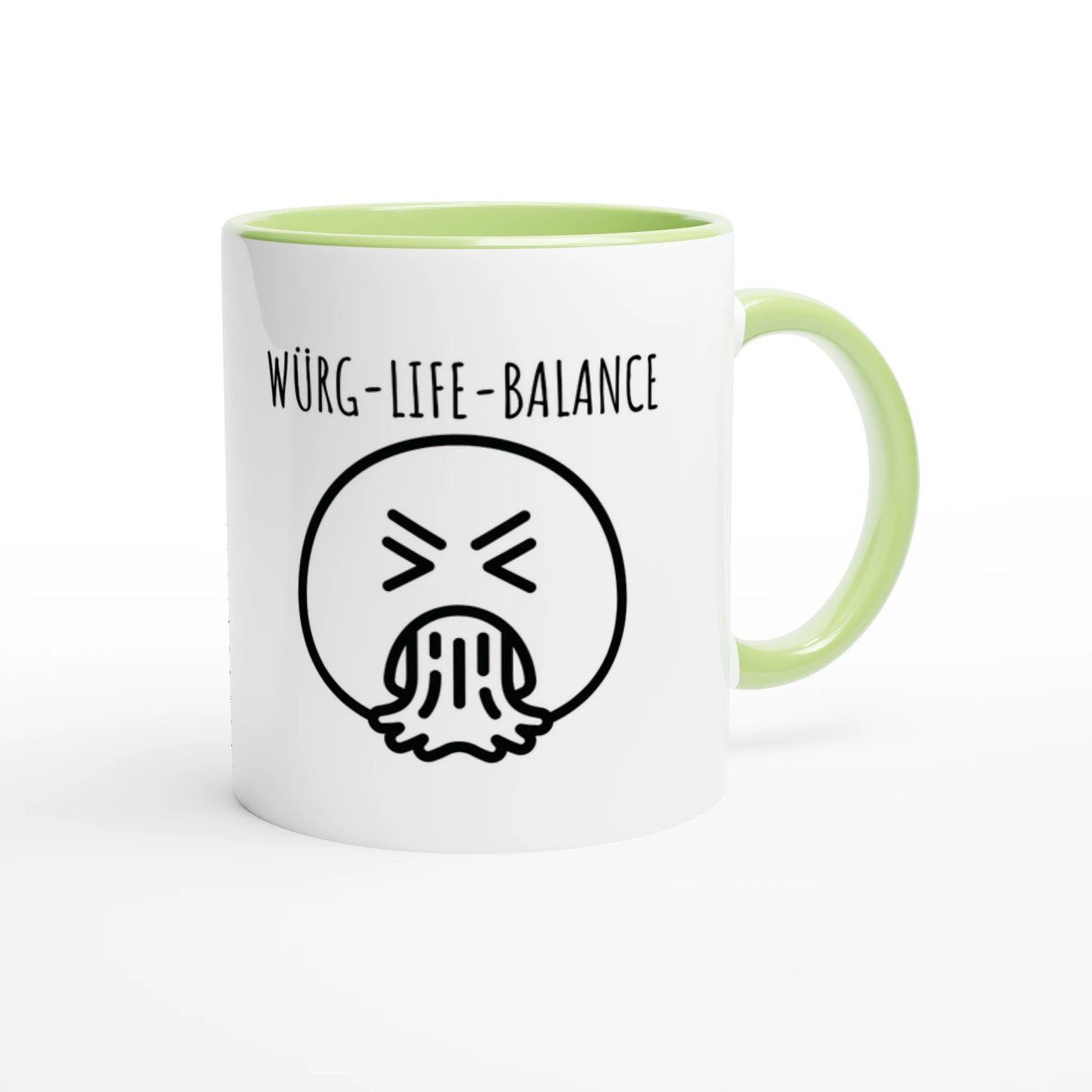 Zweifarbige Keramiktasse 325 ml mit Aufdruck "Würg-Life-Balance" in Grün – Schreibtischtasse von Vollzeitfrust
