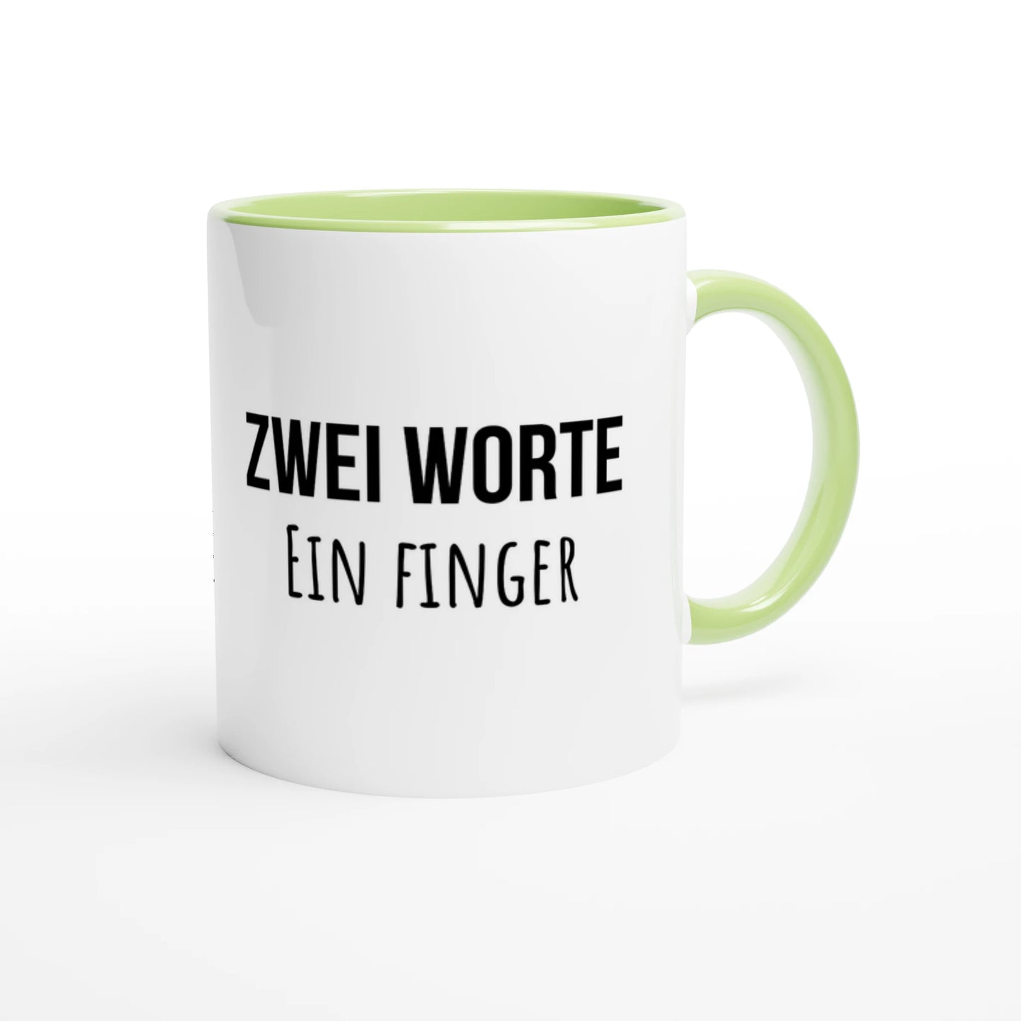 Zweifarbige Keramiktasse 325 ml mit Aufdruck "Zwei Worte. Ein Finger" in Grün – Schreibtischtasse von Vollzeitfrust