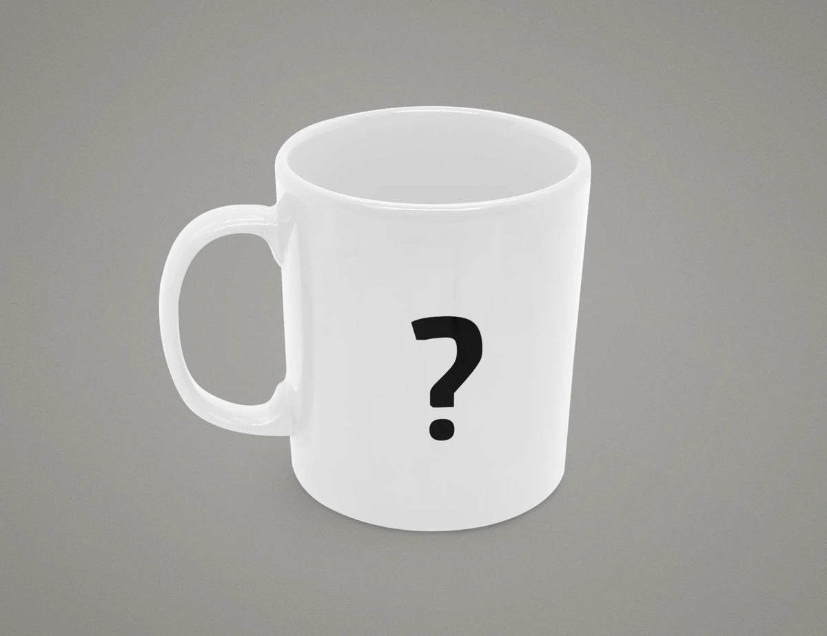 Weiße Keramiktasse 325 ml mit großem Fragezeichen – häufige Fragen zu den Bürotassen von Vollzeitfrust