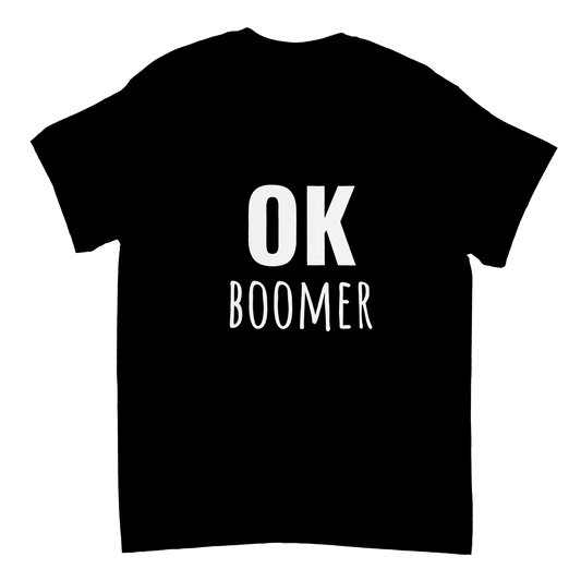 Schwarzes Unisex-T-Shirt mit weißem Aufdruck „OK Boomer“ – witziges T-Shirt mit Spruch