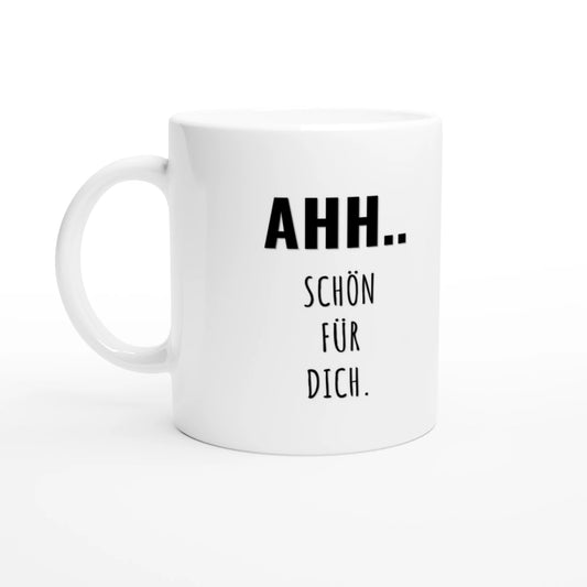Weiße Keramiktasse 325 ml mit Aufdruck "Ahh" – Schreibtischtasse von Vollzeitfrust, Ansicht von links
