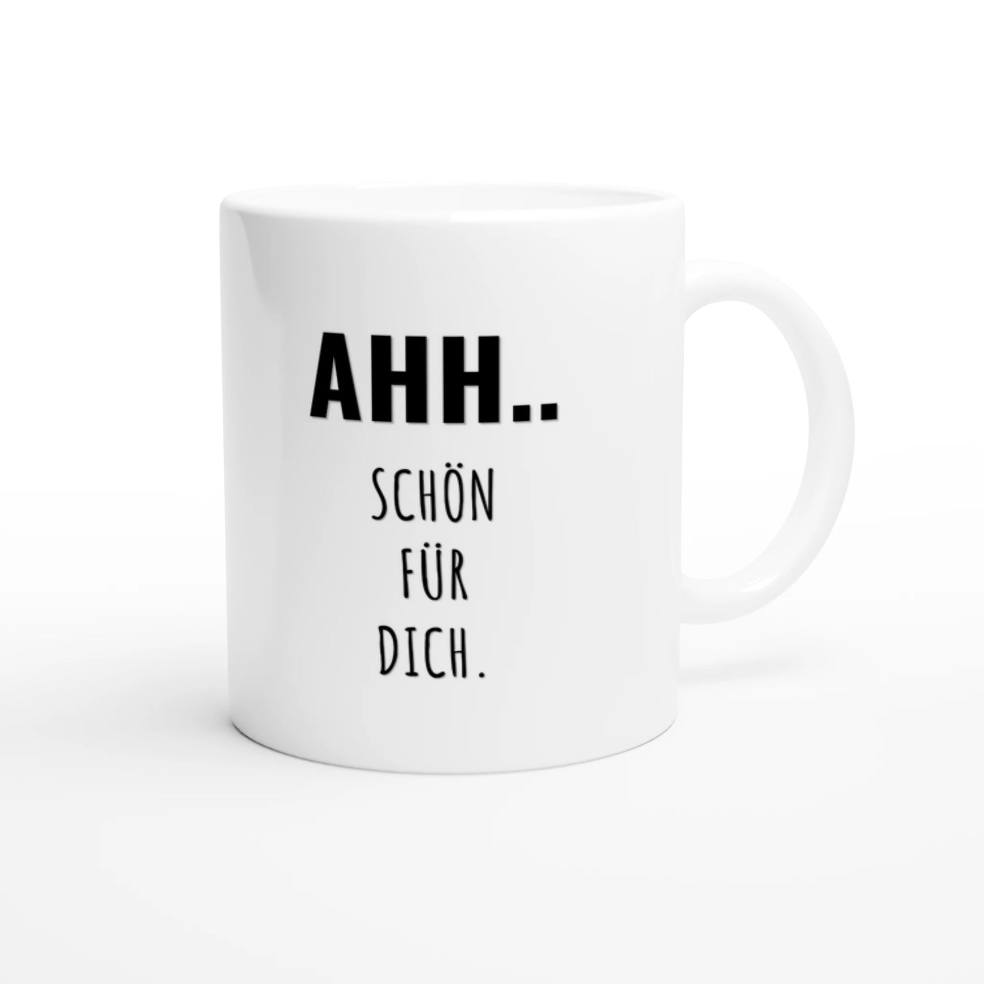 Weiße Keramiktasse 325 ml mit Aufdruck "Ahh" – Schreibtischtasse von Vollzeitfrust, Ansicht von rechts
