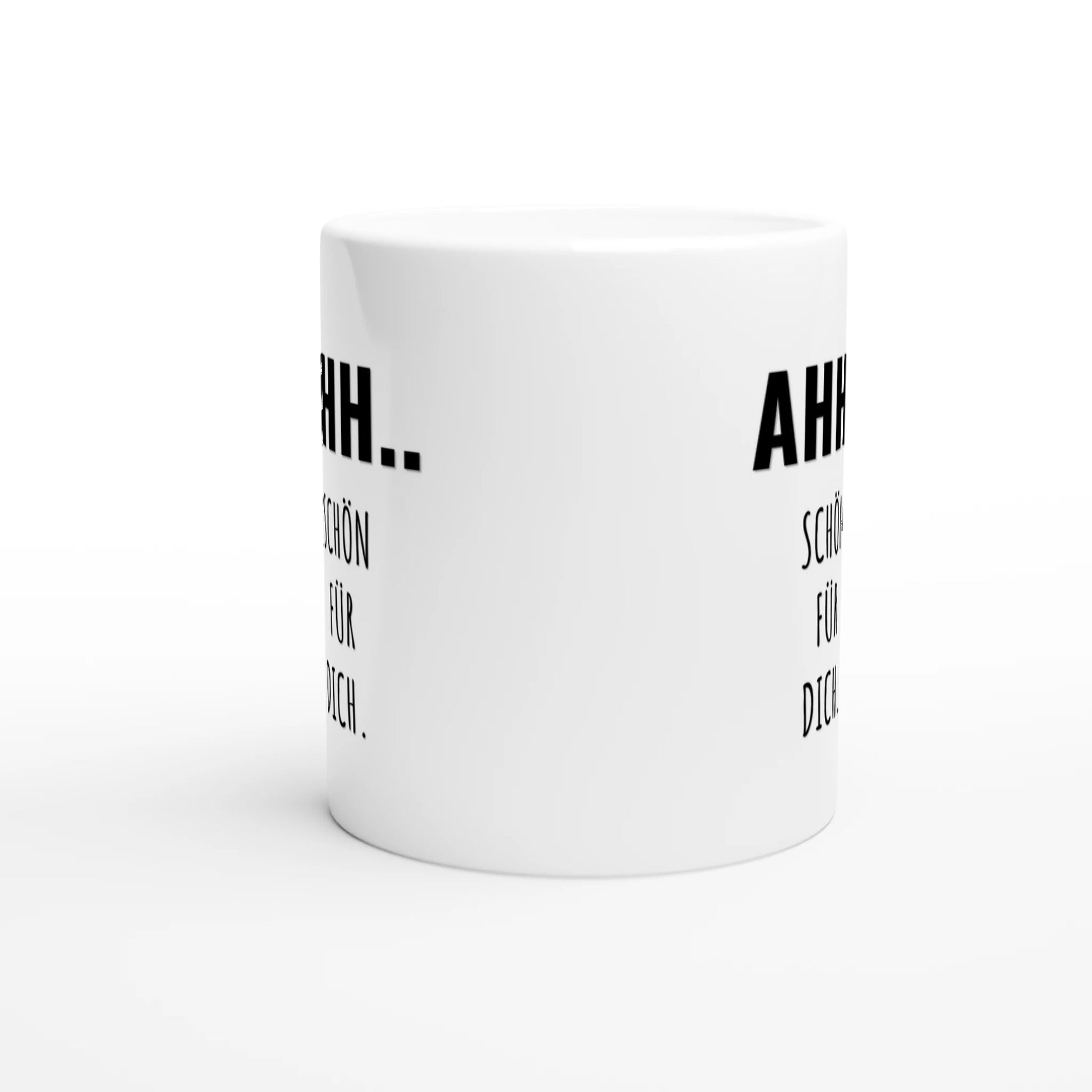 Weiße Keramiktasse mit Aufdruck "Ahh" – Rundumsicht der Bürotasse von Vollzeitfrust
