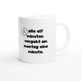 Weiße Keramiktasse 325 ml mit Aufdruck "Alle elf Minuten vergeht am Montag eine Minute" – Schreibtischtasse von Vollzeitfrust, Ansicht von rechts