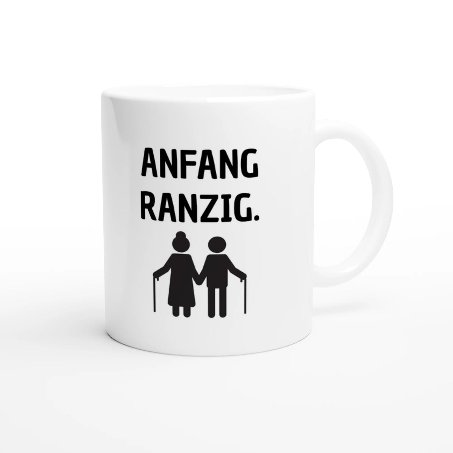 Weiße Keramiktasse 325 ml mit Aufdruck "Anfang ranzig" – Schreibtischtasse von Vollzeitfrust, Ansicht von rechts