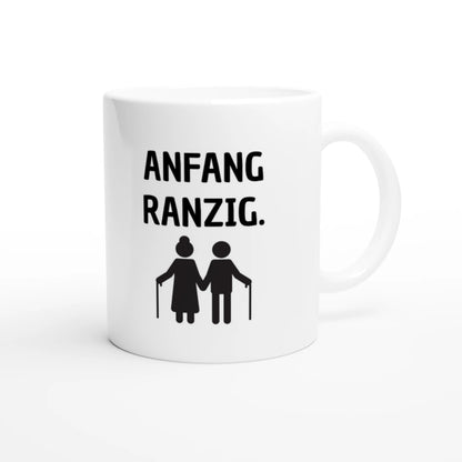 Weiße Keramiktasse 325 ml mit Aufdruck "Anfang ranzig" – Schreibtischtasse von Vollzeitfrust, Ansicht von rechts