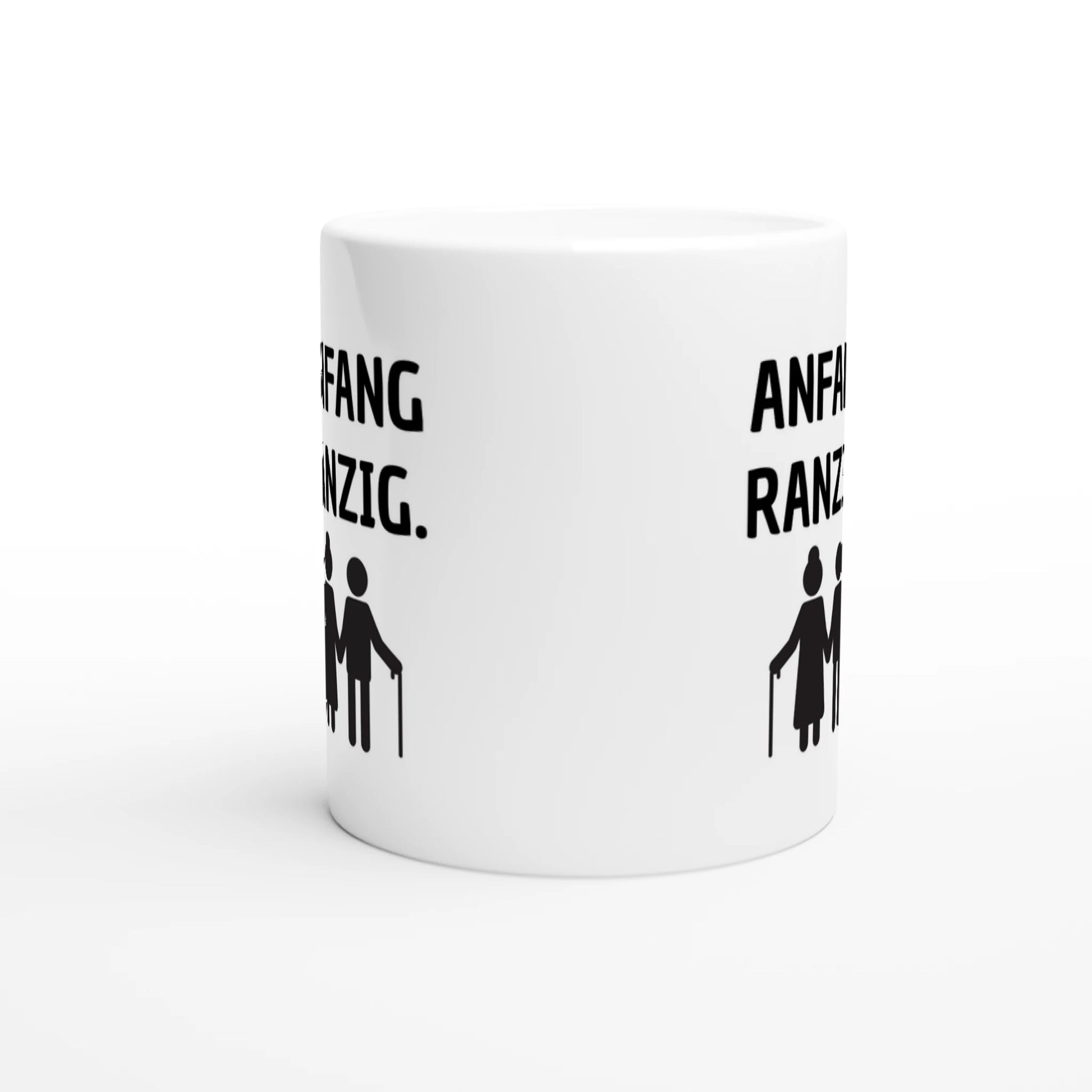 Weiße Keramiktasse mit Aufdruck "Anfang ranzig" – Rundumsicht der Bürotasse von Vollzeitfrust