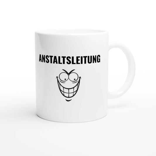 Weiße Keramiktasse 325 ml mit Aufdruck "Anstaltsleitung" – Schreibtischtasse von Vollzeitfrust, Ansicht von rechts
