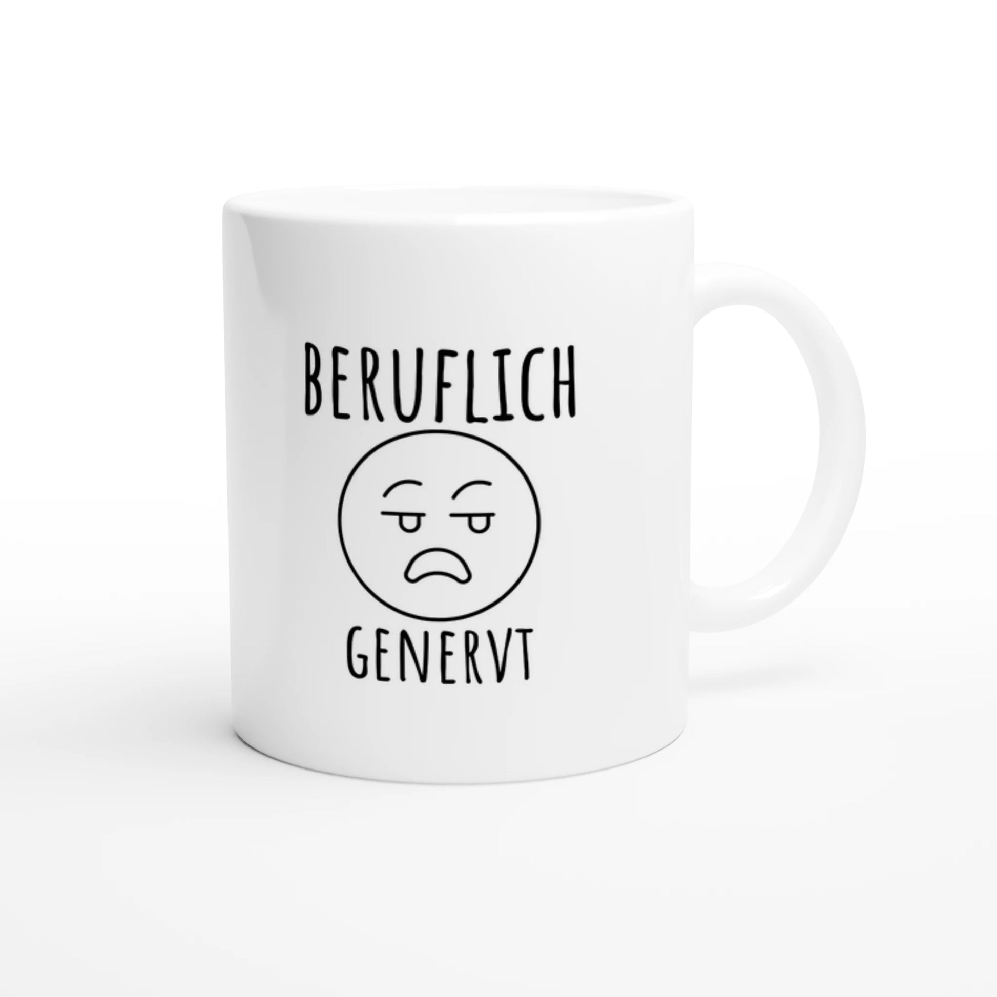 Weiße Keramiktasse 325 ml mit Aufdruck "Beruflich genervt" – Schreibtischtasse von Vollzeitfrust, Ansicht von rechts