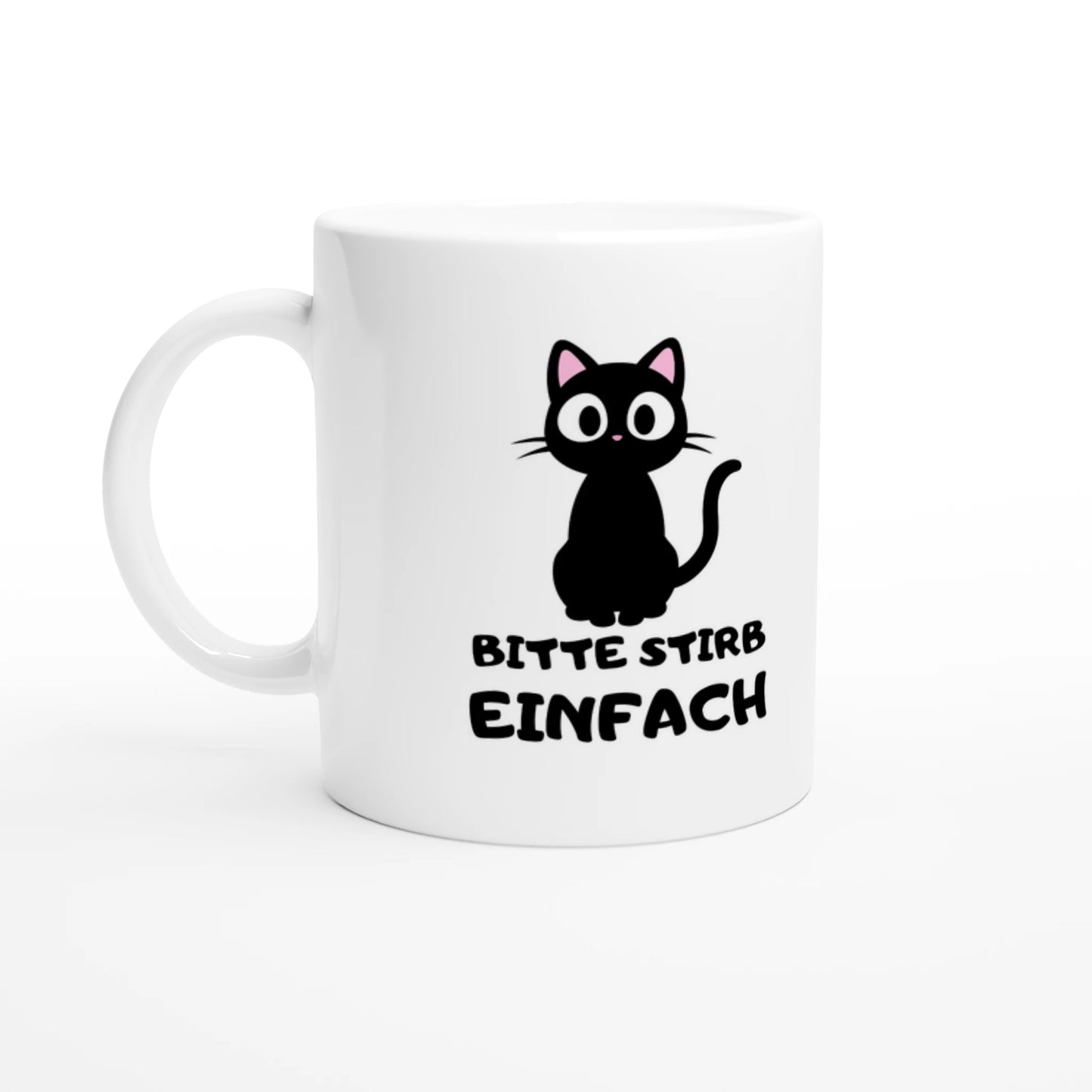 Weiße Keramiktasse 325 ml mit Aufdruck "Bitte stirb einfach" – Schreibtischtasse von Vollzeitfrust, Ansicht von links