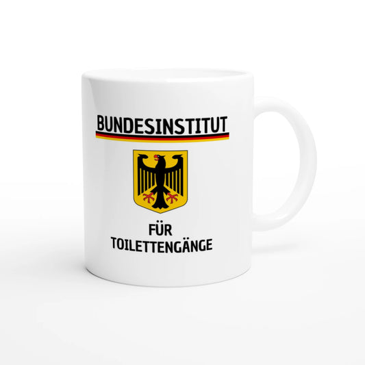 Weiße Keramiktasse 325 ml mit Aufdruck "Bundesinstitut für Toilettengänge" – Schreibtischtasse von Vollzeitfrust, Ansicht von rechts
