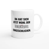 Weiße Keramiktasse 325 ml mit Aufdruck "Da hat sich jetzt wohl der Fehlerteufel eingeschlichen" – Schreibtischtasse von Vollzeitfrust, Ansicht von rechts
