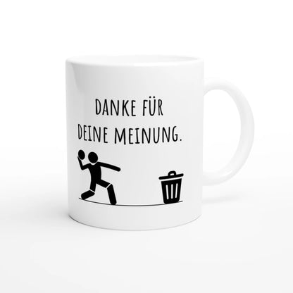 Weiße Keramiktasse 325 ml mit Aufdruck "Danke für deine Meinung" – Schreibtischtasse von Vollzeitfrust, Ansicht von rechts