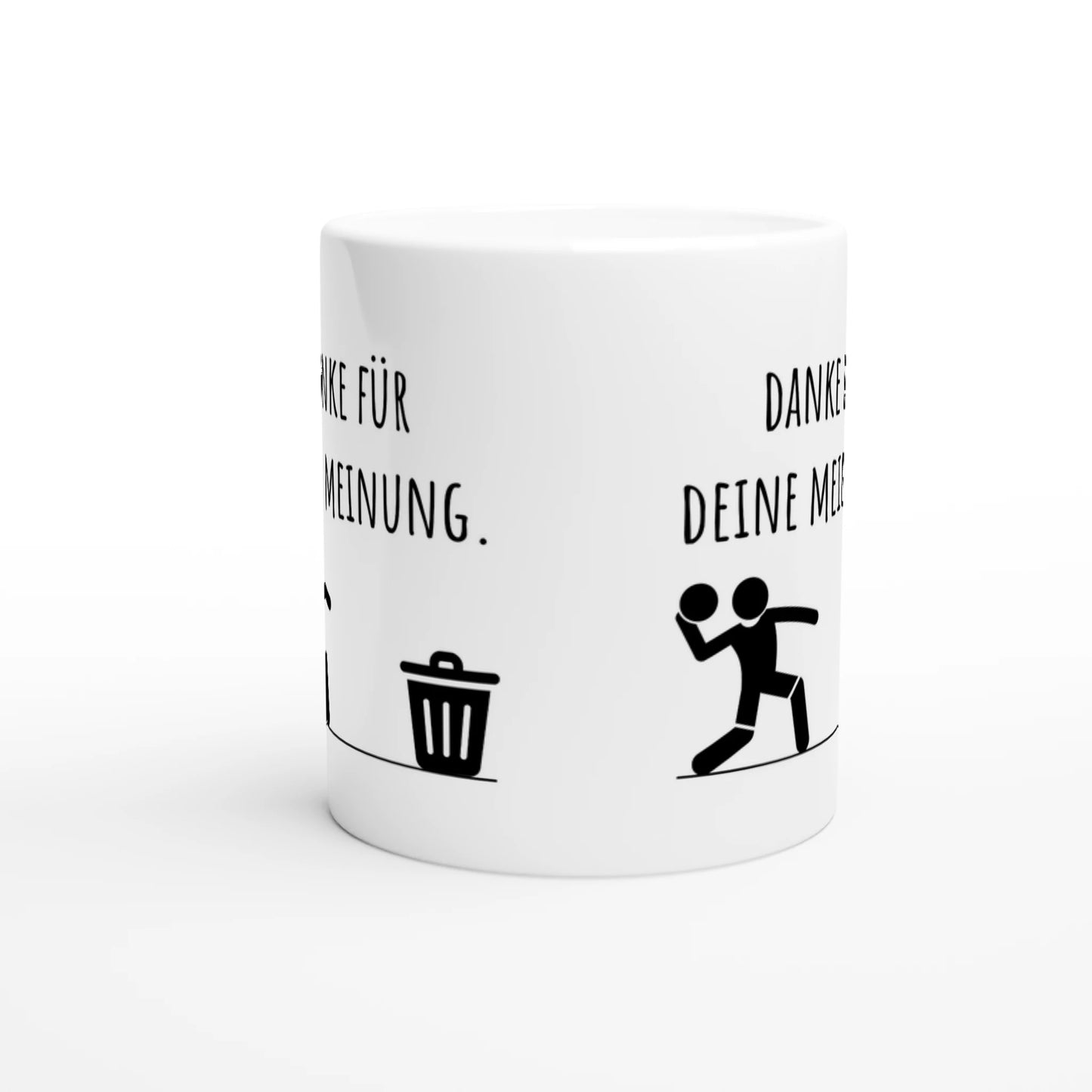 Weiße Keramiktasse mit Aufdruck "Danke für deine Meinung" – Rundumsicht der Bürotasse von Vollzeitfrust