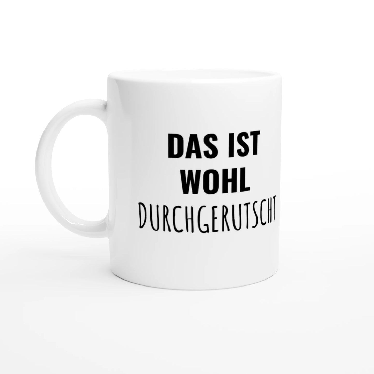 Weiße Keramiktasse 325 ml mit Aufdruck "Das ist wohl durchgerutscht" – Schreibtischtasse von Vollzeitfrust, Ansicht von links
