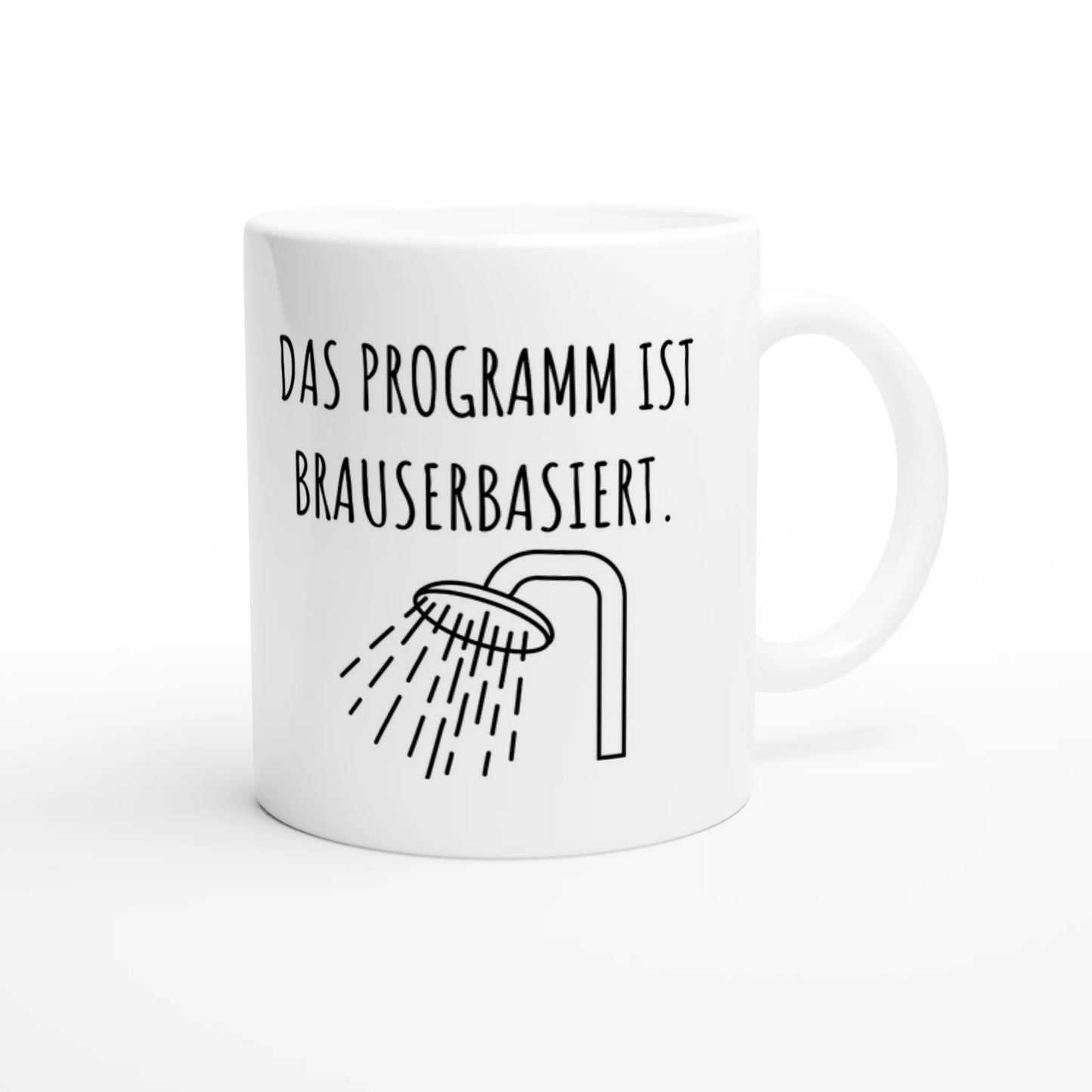 Weiße Keramiktasse 325 ml mit Aufdruck "Das Programm ist brauserbasiert" – Schreibtischtasse von Vollzeitfrust, Ansicht von rechts
