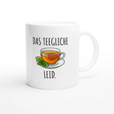 Weiße Keramiktasse 325 ml mit Aufdruck "Das teegliche Leid" – Schreibtischtasse von Vollzeitfrust, Ansicht von rechts