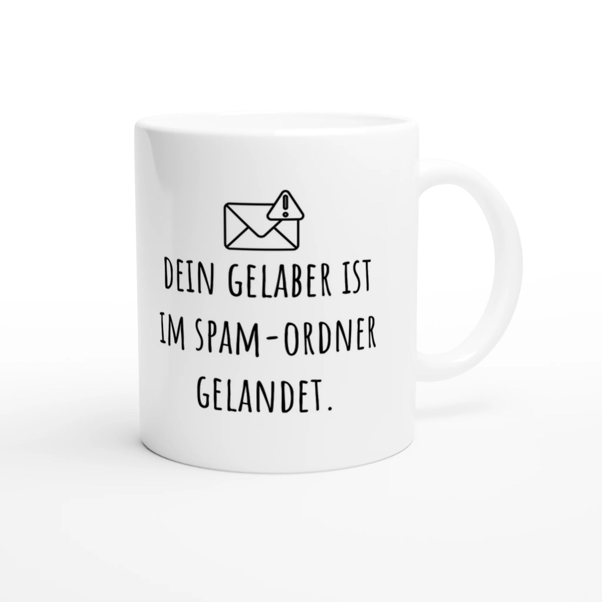 Weiße Keramiktasse 325 ml mit Aufdruck "Dein Gelaber ist im Spam-Ordner gelandet" – Schreibtischtasse von Vollzeitfrust, Ansicht von rechts