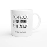 Weiße Keramiktasse 325 ml mit Aufdruck "Deine Augen, deine Stimme, dein Lächeln. Ich könnte wirklich kotzen" – Schreibtischtasse von Vollzeitfrust, Ansicht von rechts