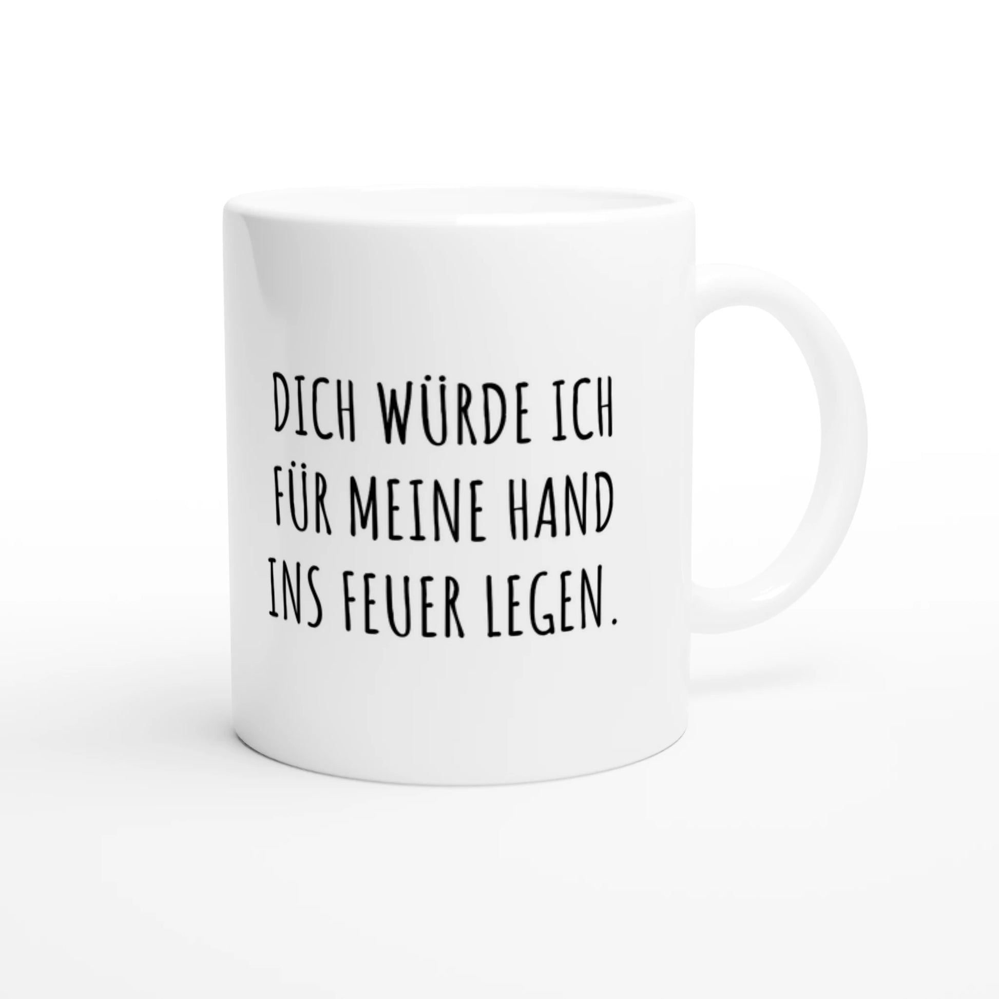 Weiße Keramiktasse 325 ml mit Aufdruck "Dich würde ich für meine Hand ins Feuer legen" – Schreibtischtasse von Vollzeitfrust, Ansicht von rechts