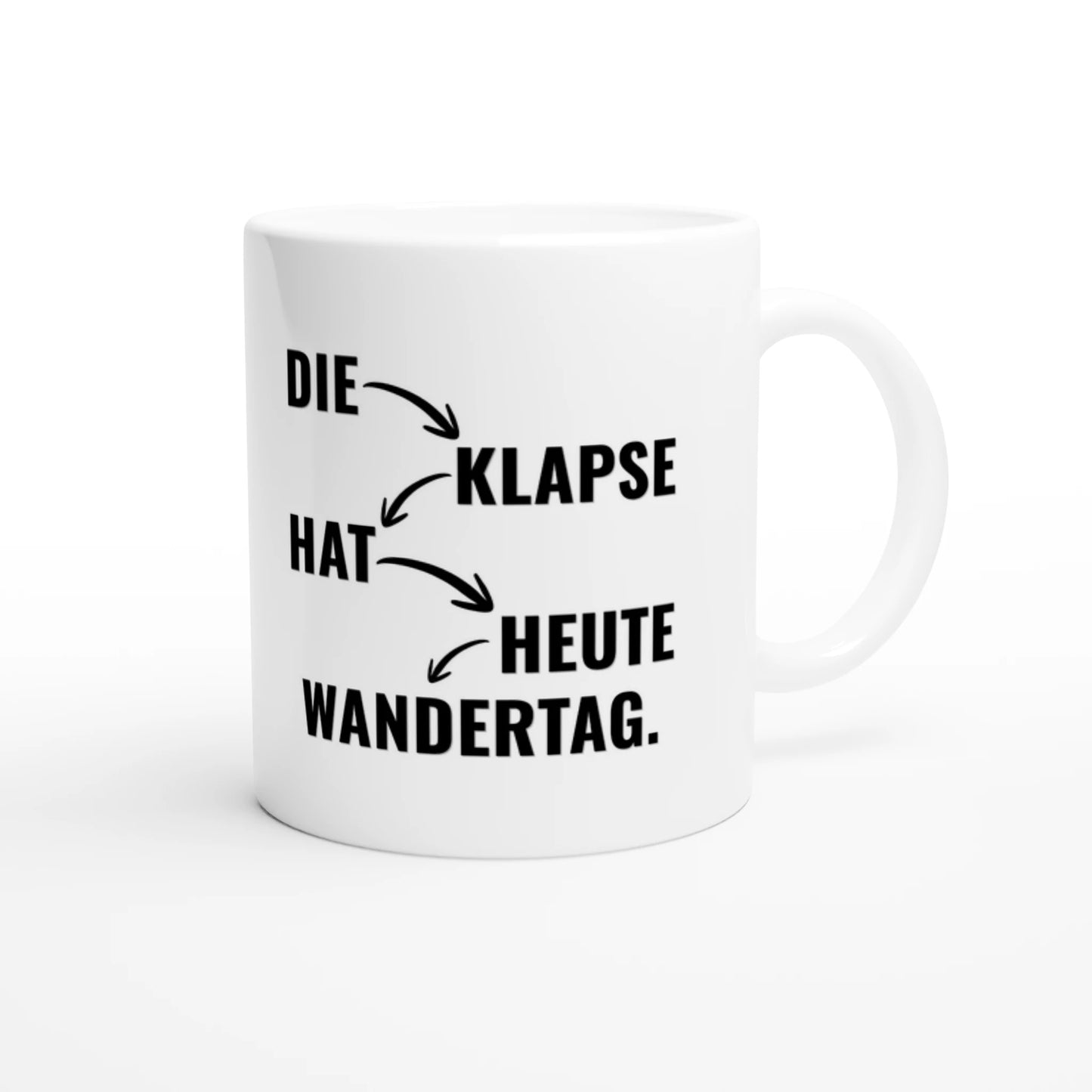 Weiße Keramiktasse 325 ml mit Aufdruck "Die Klapse hat heute Wandertag" – Schreibtischtasse von Vollzeitfrust, Ansicht von rechts
