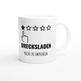 Weiße Keramiktasse 325 ml mit Aufdruck "Drecksladen – Nicht zu empfehlen" – Schreibtischtasse von Vollzeitfrust, Ansicht von rechts
