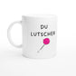 Weiße Keramiktasse 325 ml mit Aufdruck "Du Lutscher" – Schreibtischtasse von Vollzeitfrust, Ansicht von links