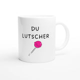 Weiße Keramiktasse 325 ml mit Aufdruck "Du Lutscher" – Schreibtischtasse von Vollzeitfrust, Ansicht von rechts