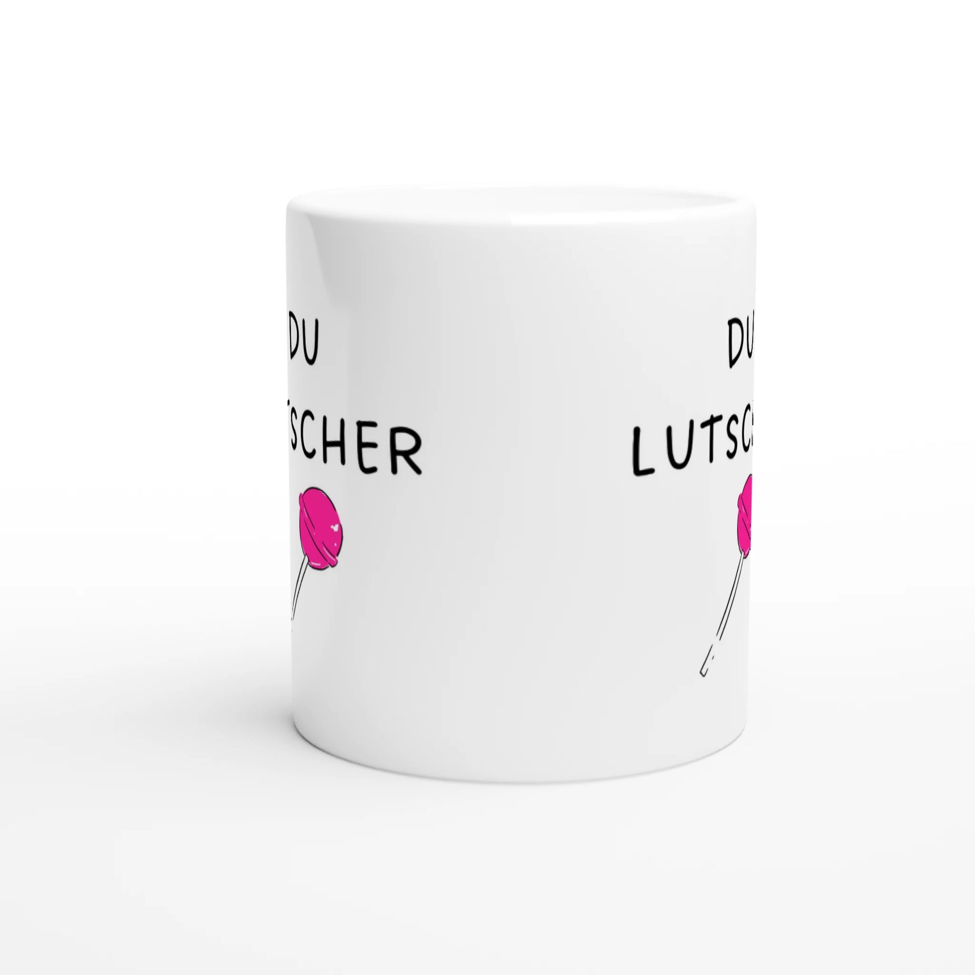 Weiße Keramiktasse mit Aufdruck "Du Lutscher" – Rundumsicht der Bürotasse von Vollzeitfrust
