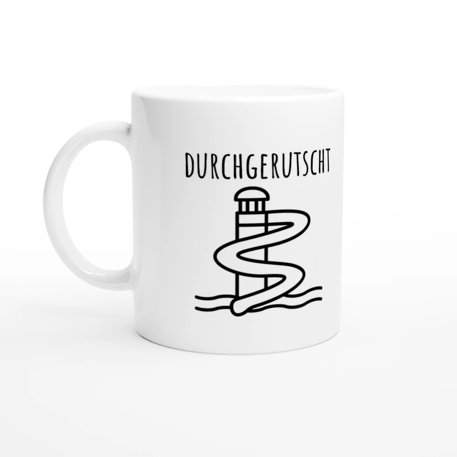 Weiße Keramiktasse 325 ml mit Aufdruck "Durchgerutscht" – Schreibtischtasse von Vollzeitfrust, Ansicht von links