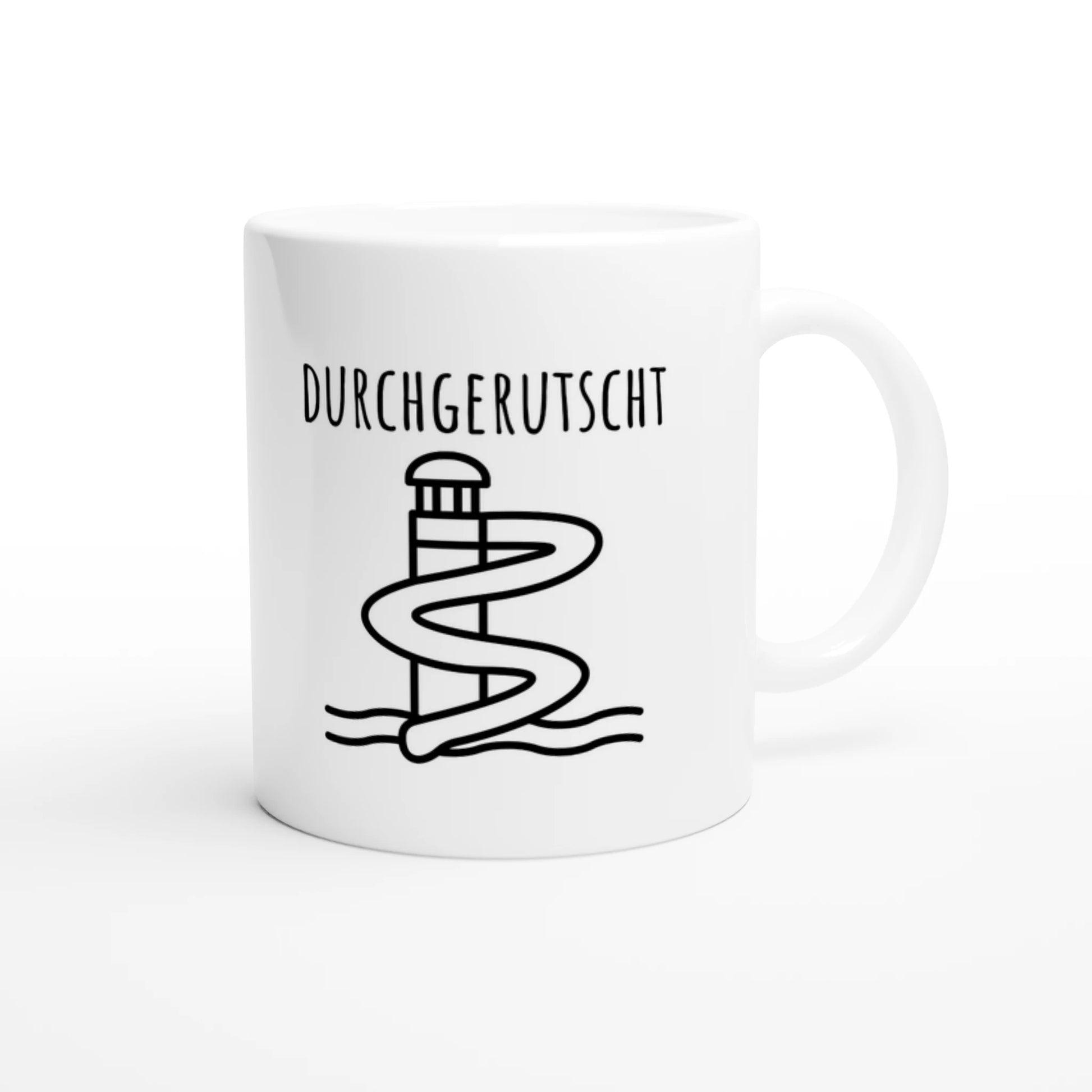 Weiße Keramiktasse 325 ml mit Aufdruck "Durchgerutscht" – Schreibtischtasse von Vollzeitfrust, Ansicht von rechts